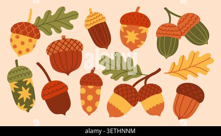 Cute autumn acorn vector collection with oak leaves. Cozy patterned hand drawn nuts and foliage for fall greeting cards, seasonal patterns, wrapping Stock Vector