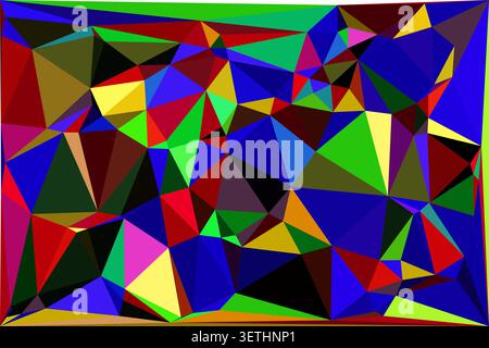 Chaotic abstract design featuring myriad polygons and triangles. Bold colors like blue, red, green, and yellow create energetic mosaic effect. Stock Vector