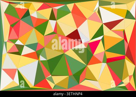 Sophisticated geometric abstraction displaying intricate network of triangles and facets. Warm color scheme includes orange pink and olive green tones Stock Vector