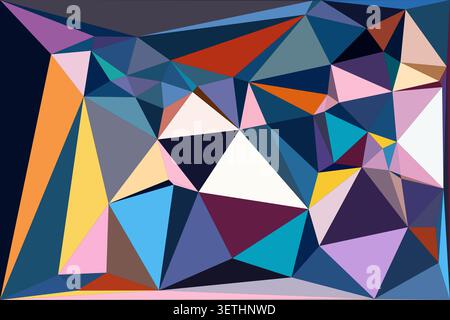 Colorful abstract geometric background, intricate low poly triangle pattern, diverse hues including pink, blue, purple, and orange, visually complex a Stock Vector