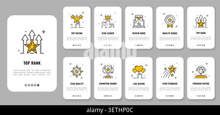 Mobile app onboarding screen, ranking star pictograms and best quality Ui cards, featuring line star icons, awards, badges and feedback symbols for app user interface, rank premium and review signs Stock Vector
