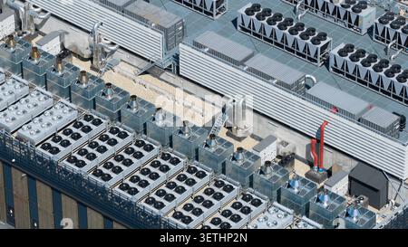 Aerial view of a large commercial data center in Diemen, supporting colocation, cloud services, artificial intelligence, big data and massive computin Stock Photo