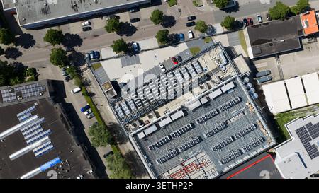 Aerial view of a large commercial data center in Diemen, supporting colocation, cloud services, artificial intelligence, big data and massive computin Stock Photo