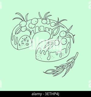 Christmas bundt cake wreath with icing sugar glaze berries rosemary sprig vector illustration. Traditional winter holiday dessert element for greeting Stock Vector
