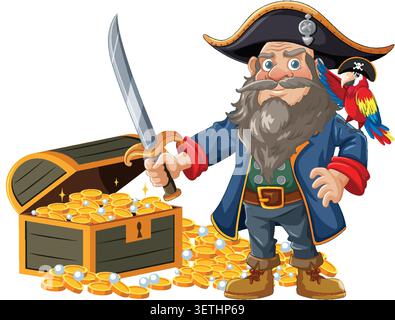 Bearded pirate holding sword, standing by overflowing treasure chest, colorful parrot perched on shoulder Stock Vector