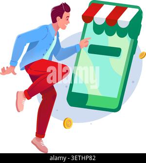 Man running to smartphone shop vector illustration. Online shopping, mobile e-commerce, digital store purchase and retail discount concept. Happy cust Stock Vector