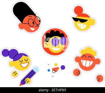 Cute cartoon character avatars and emoji sticker set. Funny diverse people faces with smiles, glasses and pencil vector illustration. Friendly communi Stock Vector