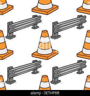 Seamless vector pattern of orange traffic cones and grey guardrails on a white background Stock Vector