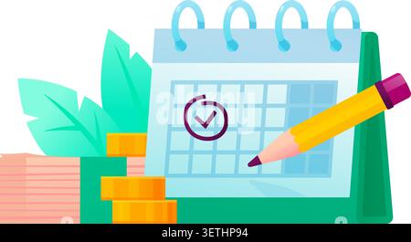 Financial calendar planning with money cash stack and pencil vector illustration. Tax payment deadline, budget management, business schedule and savin Stock Vector