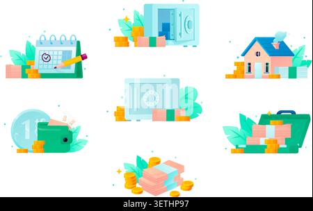 Business finance and real estate investment icon set. Vector flat illustration of money cash stacks, safe box, wallet, calendar and house. Banking, sa Stock Vector
