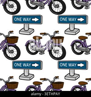 Seamless vector pattern of purple bicycles with baskets and one way signs Stock Vector