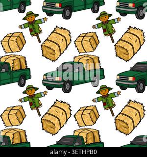 Cute vector pattern of green pickup trucks carrying hay bales and friendly scarecrows Stock Vector