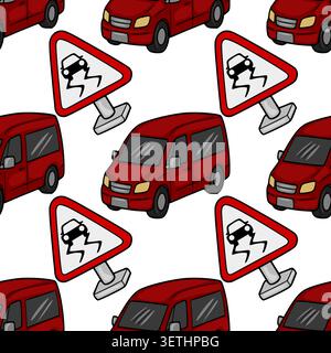 Red car and slippery road warning sign seamless vector pattern Stock Vector