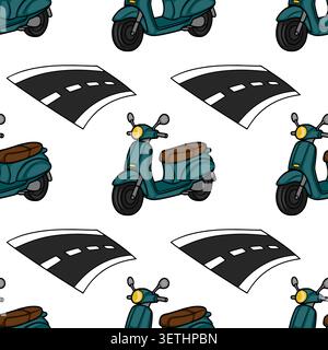Seamless vector pattern of teal scooters and road segments on white background Stock Vector