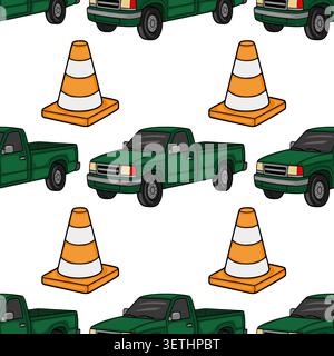 Seamless vector pattern of green pickup trucks and orange traffic cones Stock Vector