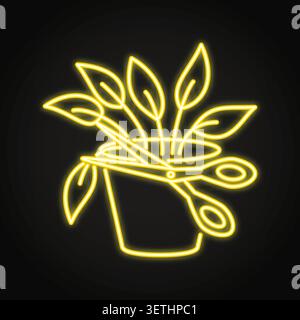 Cutting off withered parts of a plant neon icon. Removal of a dead leaf. Vector illustration Stock Vector