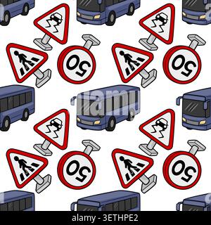 Seamless vector pattern of blue buses and road safety signs, including slippery road and pedestrian crossing warnings, with speed limit icons. Stock Vector