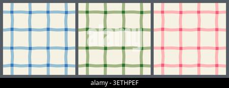 Pink, blue and green wavy grid gingham vector seamless pattern set, Cute checkered background for baby girls and boys textile designs Stock Vector