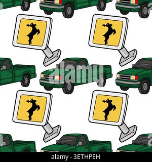 Seamless vector pattern of green pickup trucks and deer crossing signs Stock Vector