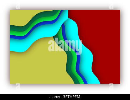 Abstract wavy layers of green blue and cyan colors against yellow and red backdrop, paper cut effect, shadows, dynamic visual, modern design. Stock Vector