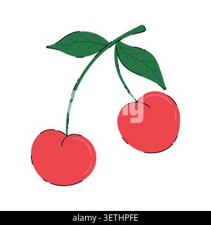 Doodle hand drawn two ripe cherries fruits on stem vector illustration. Sweet red fruit isolated on white background. Cherry icon cartoon design Stock Vector