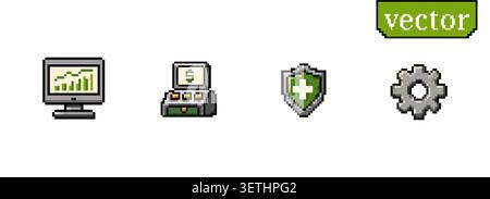 Pixel business management icons featuring analytics cash register safety shield and settings elements in retro game style Stock Vector