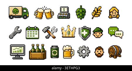 Pixel brewery management icon set featuring dashboard inventory production tools distribution analytics beer products and brewery related app elements Stock Vector