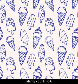 Doodle ice cream seamless pattern. Blue hand drawn sketch line art frozen dessert design for textile, packaging and wrapping paper. Stock Vector