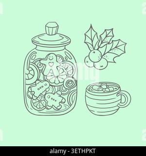 Christmas glass jar with gingerbread man cookies orange slices hot chocolate mug holly branch vector illustration. Cozy winter holiday design element Stock Vector