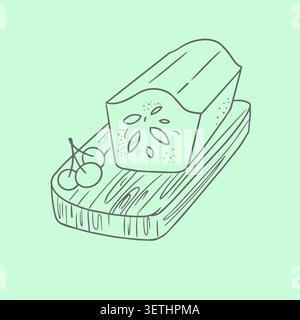 Christmas fruitcake loaf on wooden cutting board with berries line art vector illustration. Traditional winter holiday dessert design element for Stock Vector