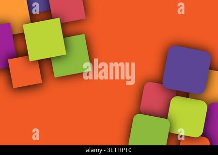 Creative layout featuring multi colored blocks in corners over solid orange base with drop shadows, modern geometric concept for marketing materials s Stock Vector