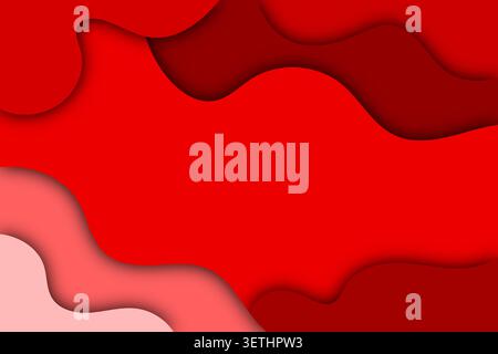Dynamic red background features abstract wavy layers in paper cut style, casting realistic shadows for a modern aesthetic. Ideal for banners, presenta Stock Vector