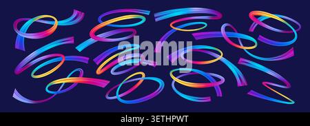 Rainbow gradient wave ribbons flowing in dynamic patterns. Colorful abstract brush strokes create modern graphic elements with vibrant swirls and Stock Vector
