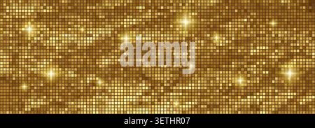 Golden disco ball pattern with mirror mosaic tiles creating a seamless glittering texture perfect for party vector backgrounds and nightclub designs Stock Vector