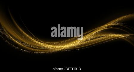 Luxurious golden lines sweep through dark background creating flowing wave patterns with shimmering light particles and elegant glitter texture Stock Vector