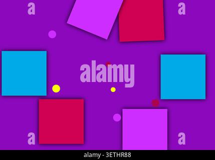 Playful geometric composition featuring magenta cyan and violet blocks on purple surface. Small yellow and red circles add contrast to layered square Stock Vector