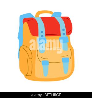 Colorful cartoon illustration of a yellow and red backpack with blue straps, featuring multiple pockets and a top handle, suitable for school or Stock Vector