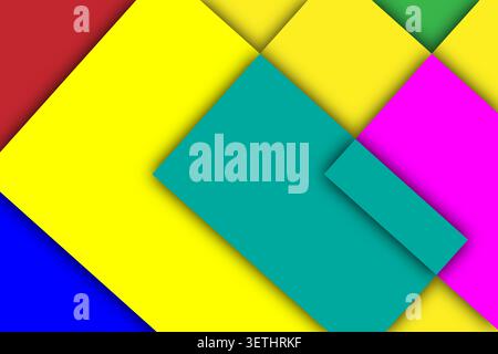 Bold abstract composition utilizing bright yellow green blue purple and red rectangular layers with distinct shadows creating dynamic geometric mosaic Stock Vector