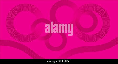 Abstract interlocking circles and wavy lines background in vivid fuchsia, creating modern graphic design with vibrant energy Stock Vector
