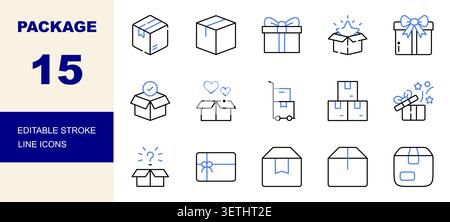 Package, Gift Box, Shipping and Delivery Line Icons Set Editable Stroke Vector Illustration Stock Vector