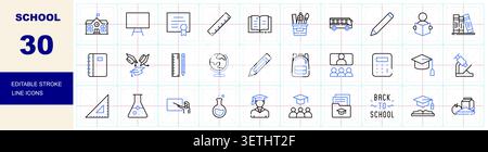 School, Education, Classroom and Learning Line Icons Set Editable Stroke Vector Illustration Stock Vector