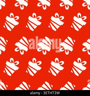 Repeated pattern of white gift boxes with bows on a red background. Vector illustration Stock Vector