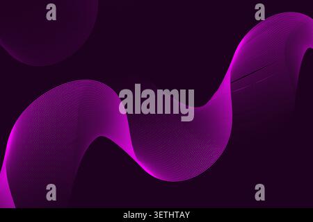 Abstract dark purple backdrop with a shimmering pink wave made of thin lines. Fluid, smooth, graceful motion. Stock Vector