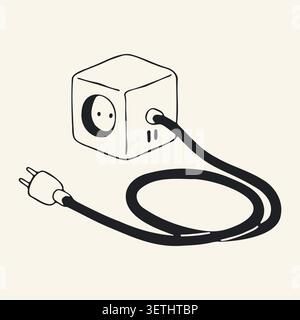 Vector hand drawn power cube extension outlet with a long cable and plug. Minimalist black and white doodle of a modern socket multiplier for home Stock Vector