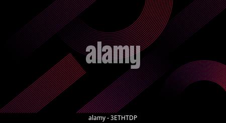 Abstract composition with geometric lines and curved shapes in shades of purple and red on a black background, modern design. Stock Vector