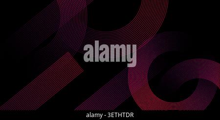 Abstract art featuring a dark background with flowing curved and straight lines in shades of purple and red, creating depth. Stock Vector