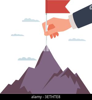 A hand in a business suit placing a red flag on a mountain peak, representing the successful achievement of a difficult goal or corporate milestone. Stock Vector