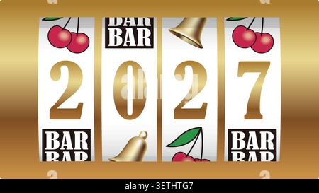 The Year 2027 New Year Number Shown On Slot Machine Reels Celebrating The New Year. Stock Vector