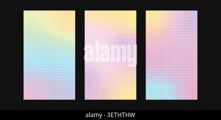 Set of colorful pixel mosaic gradient backgrounds made of square grid tiles. Vector abstract geometric digital patterns in vibrant spectrum colors. Stock Vector