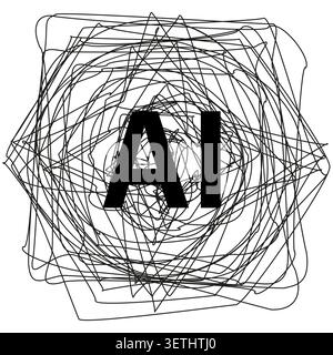 Artificial intelligence ai text surrounded by chaotic line art vector. Perfect for modern tech blogs and machine learning. EPS 10. Stock Vector
